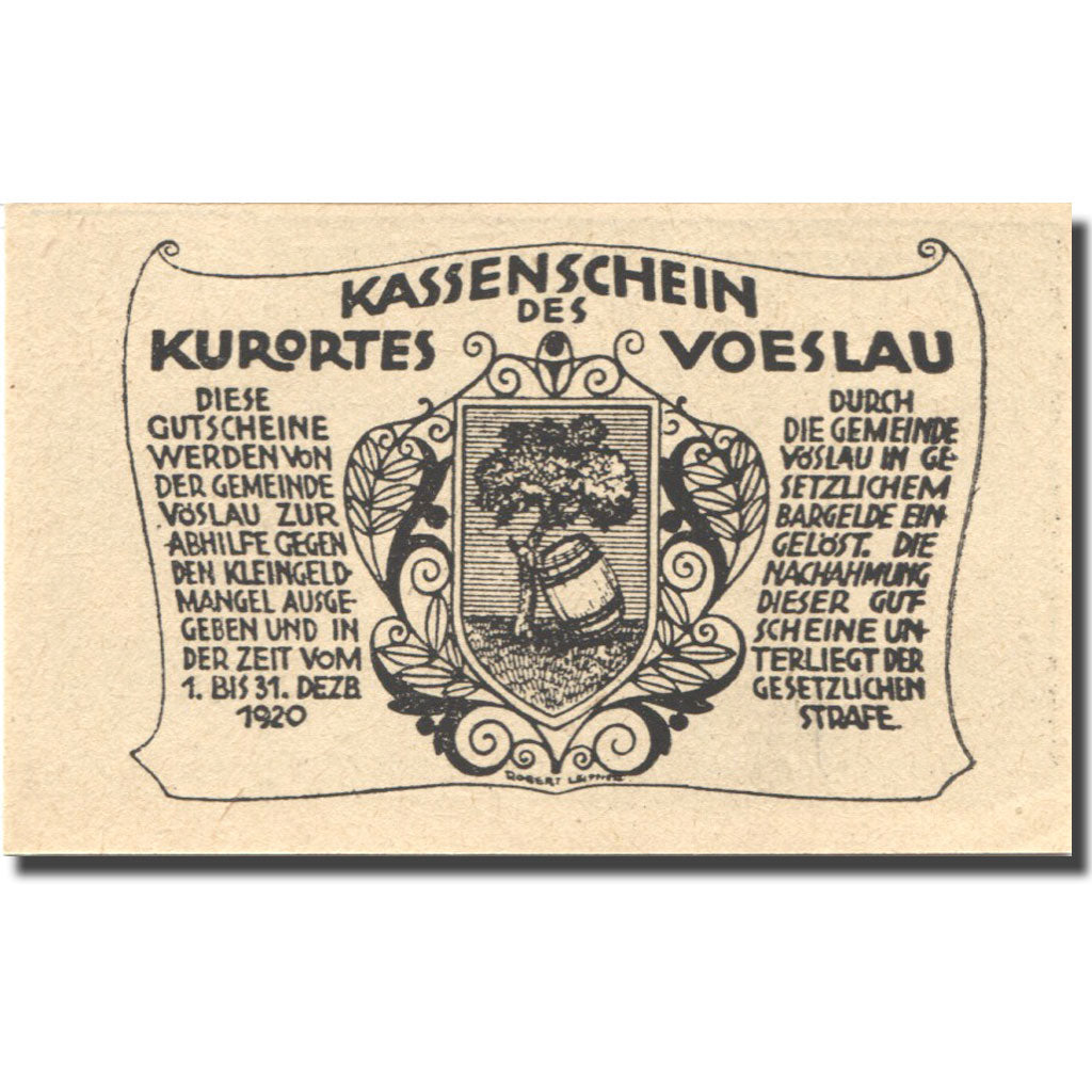 Billet, Autriche, Vöslau, 50 Heller, Blason 1920-12-31 SPL Mehl:FS 1121IIa