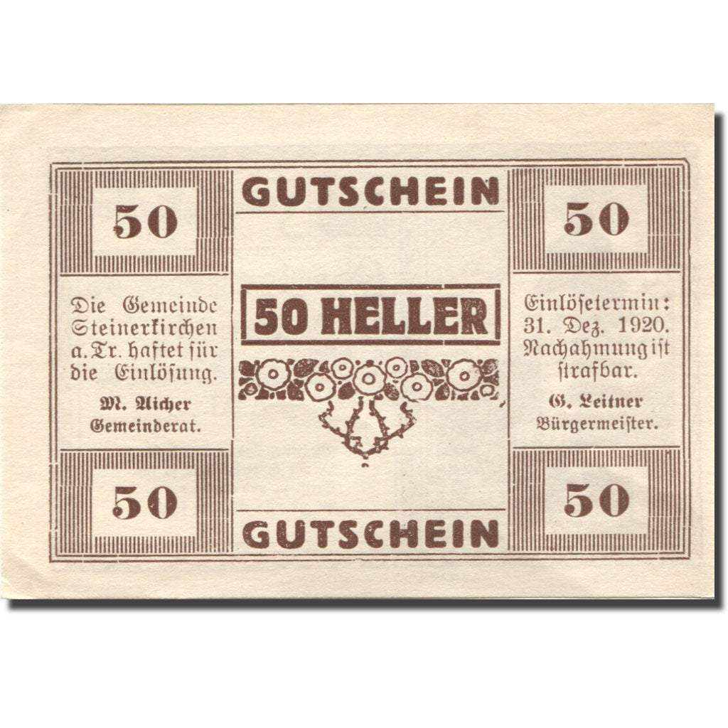 Banconote, Austria, Steinerkirchen, 50 Heller, Eglise, 1920 SPL Mehl:FS 1029I