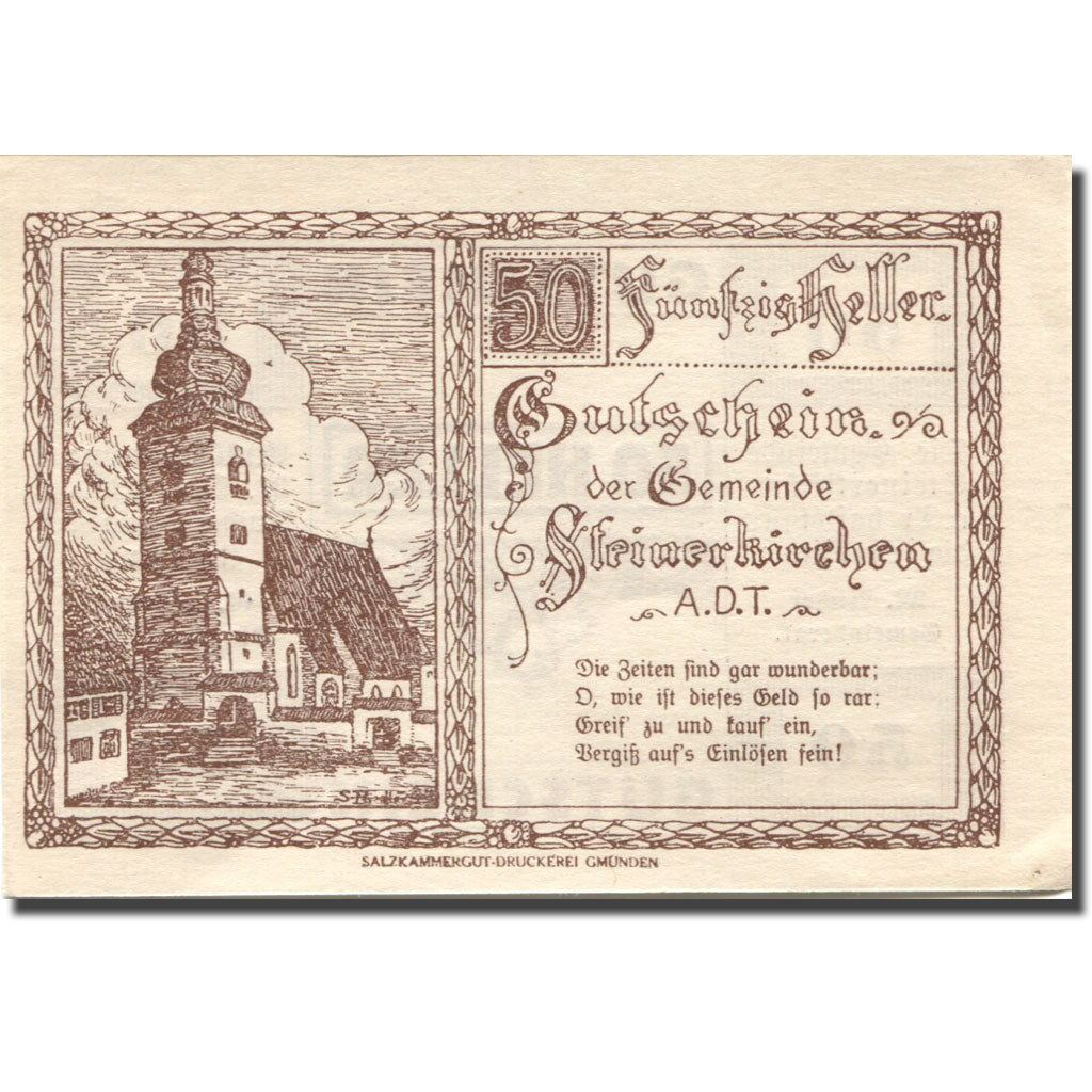 Banconote, Austria, Steinerkirchen, 50 Heller, Eglise, 1920 SPL Mehl:FS 1029I