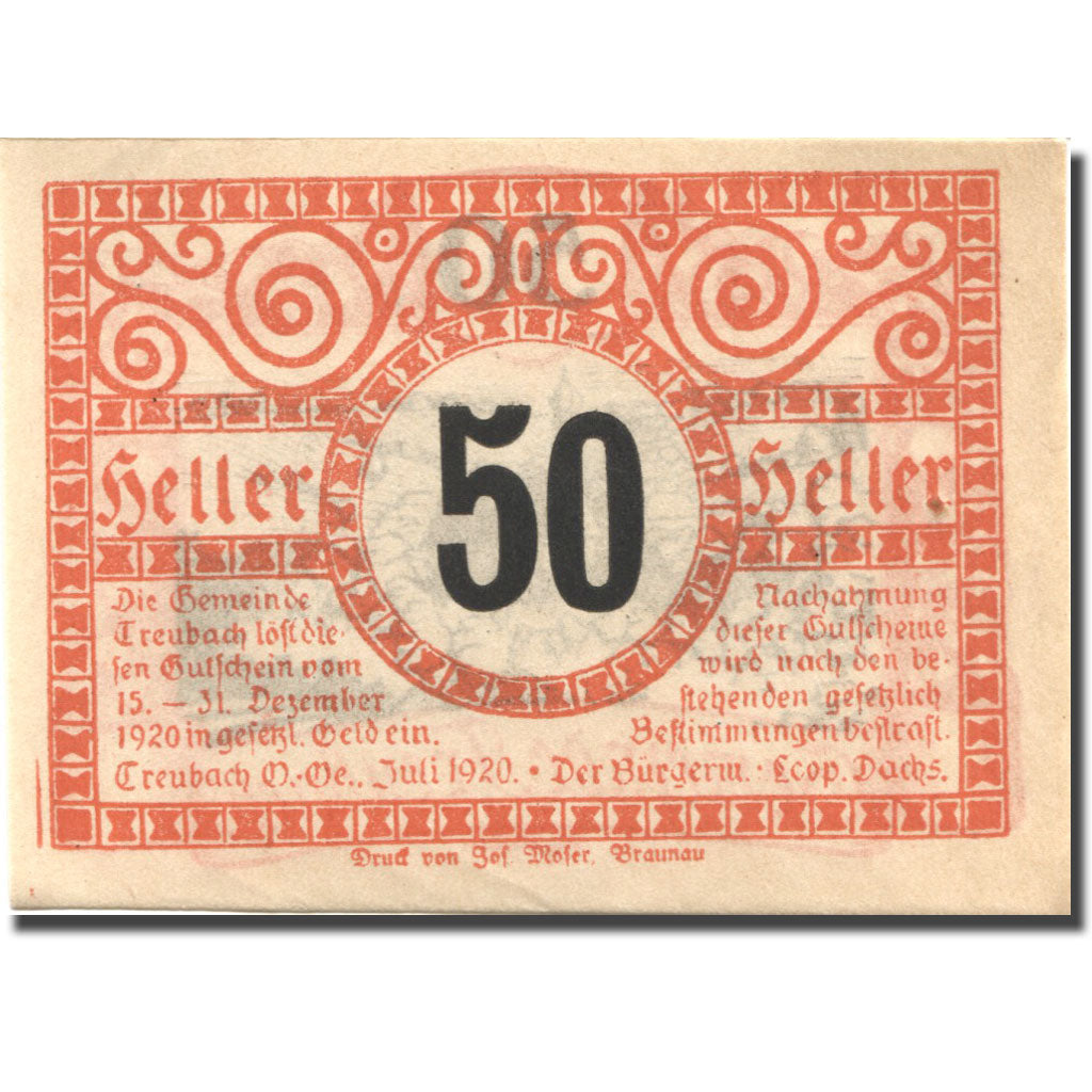 Banconote, Austria, Treubach, 50 Heller, village, 1920-12-31, SPL Mehl:FS 1082