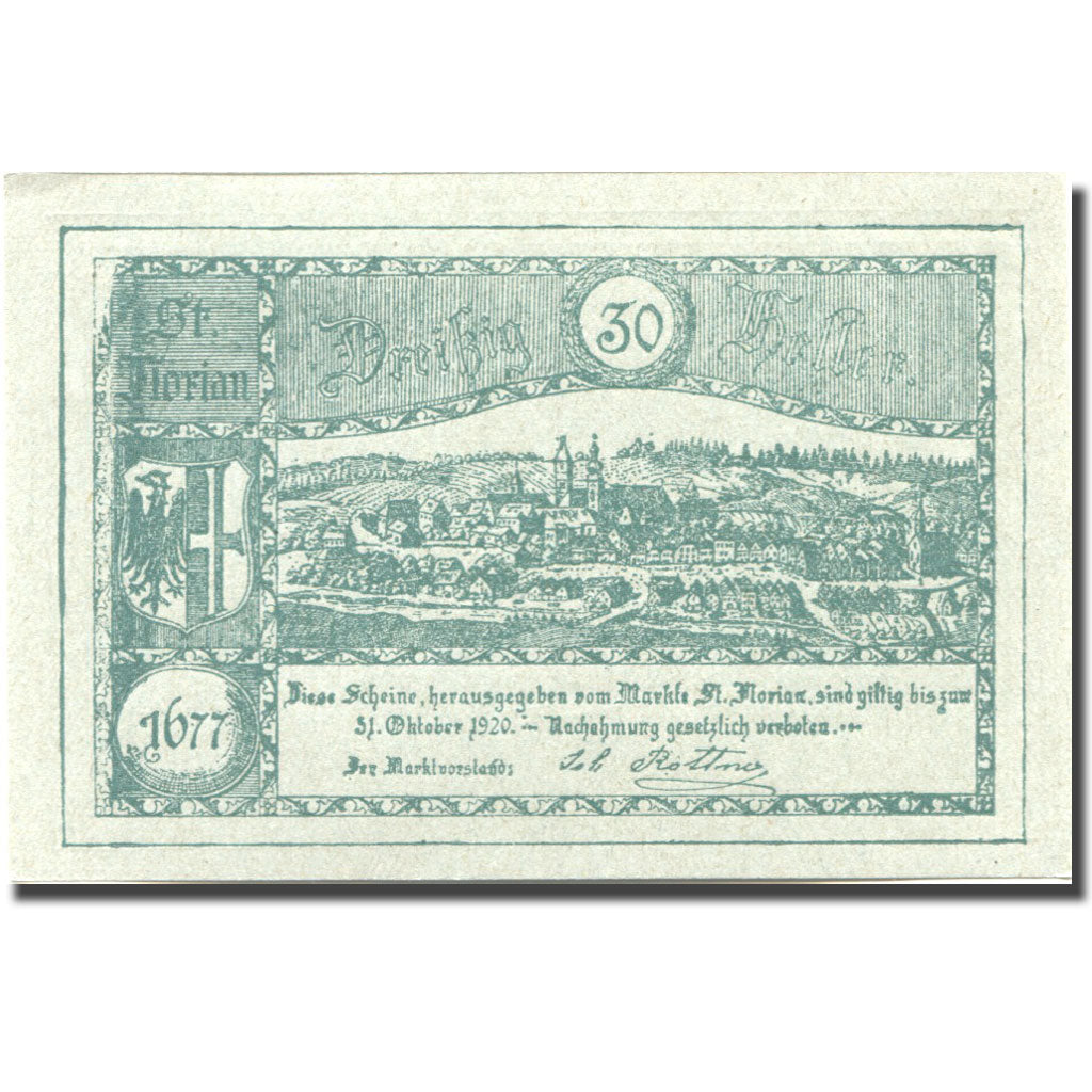 Banconote, Austria, St Florian, 30 Heller, château, 1920 SPL green Mehl:FS 879Ib