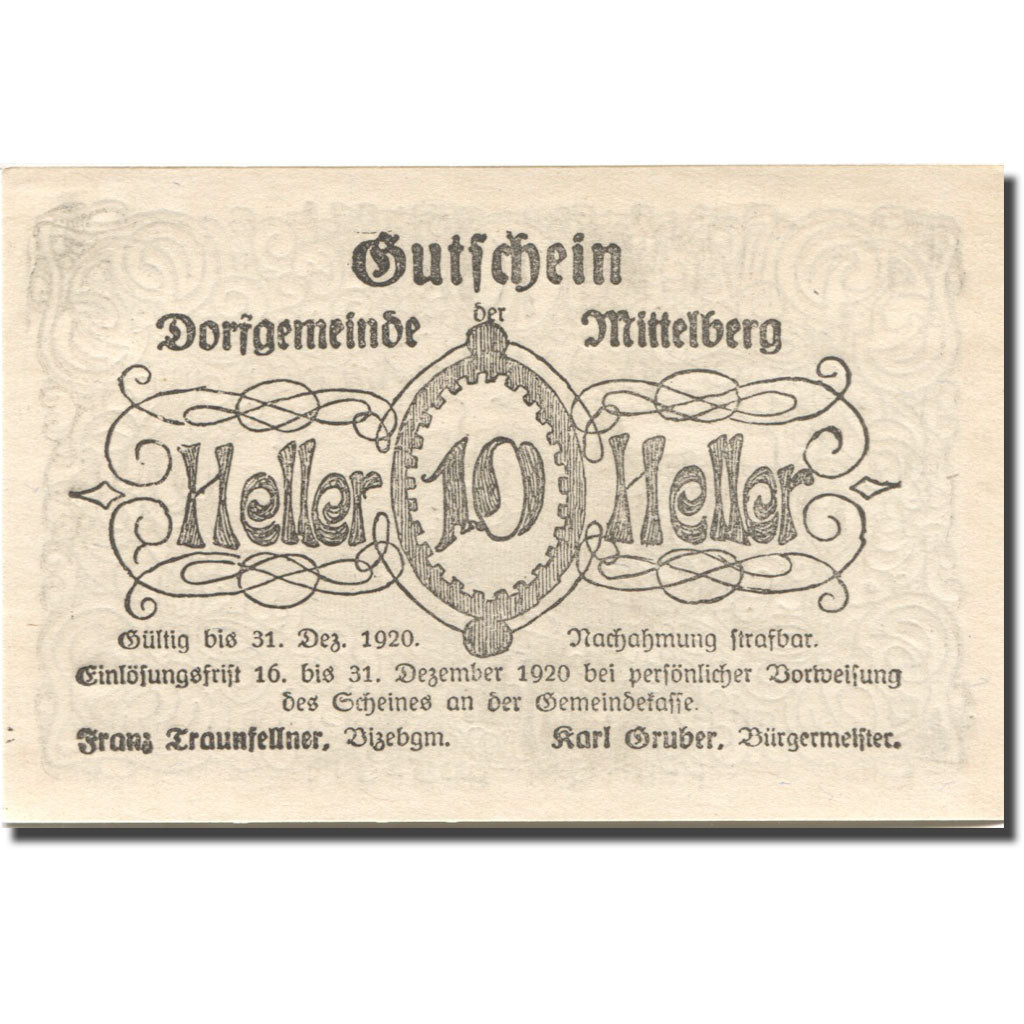 Banconote, Austria, Mittelberg, 10 Heller, ruine 1920-12-31, SPL Mehl:FS 158