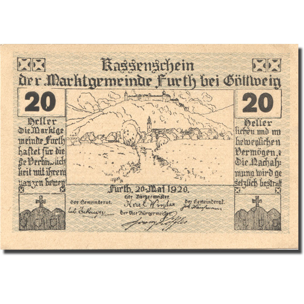 Banconote, Austria, Furth, 20 Heller, château 1920-05-20, SPL Mehl:FS 214aB