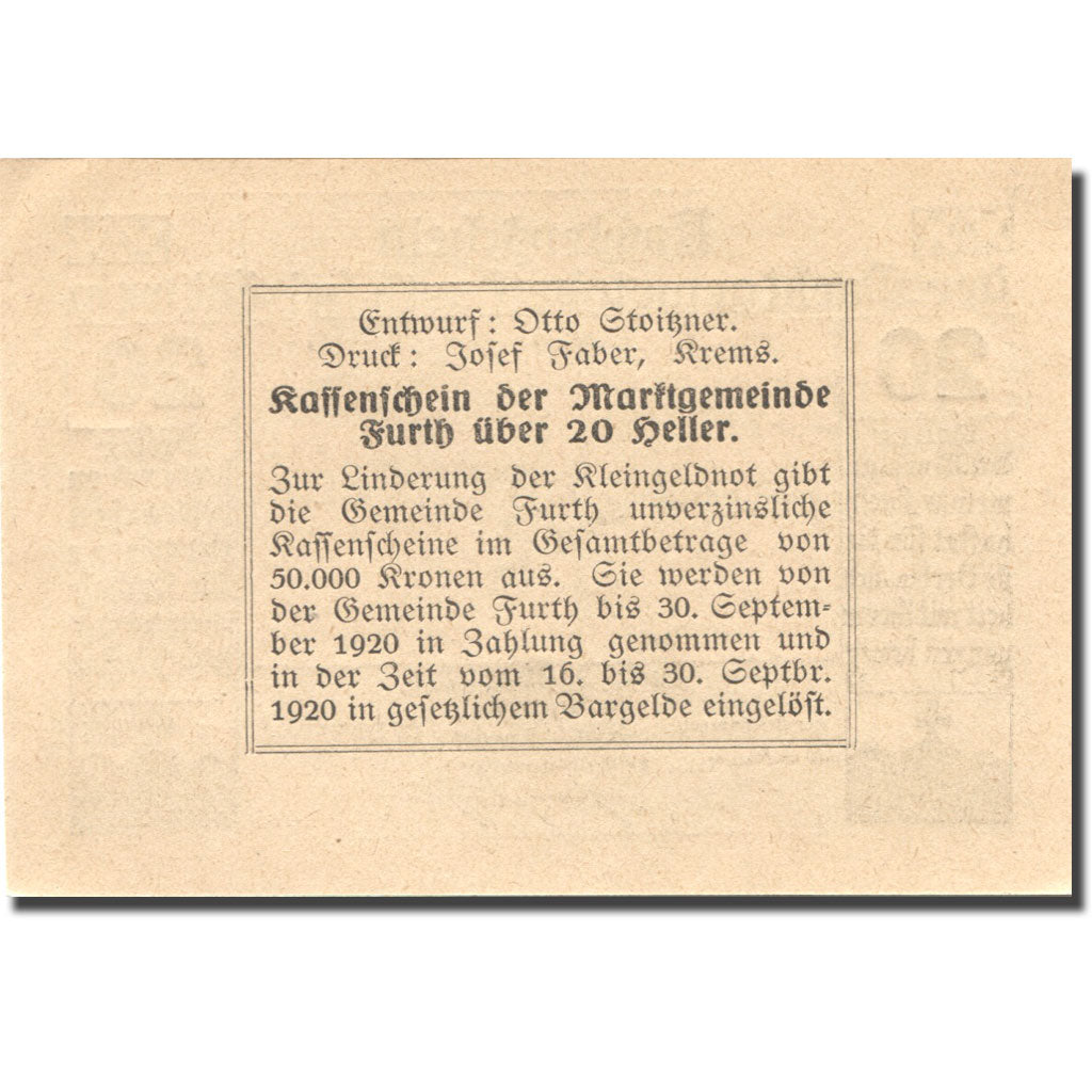 Banconote, Austria, Furth, 20 Heller, château 1920-05-20, SPL Mehl:FS 214aB