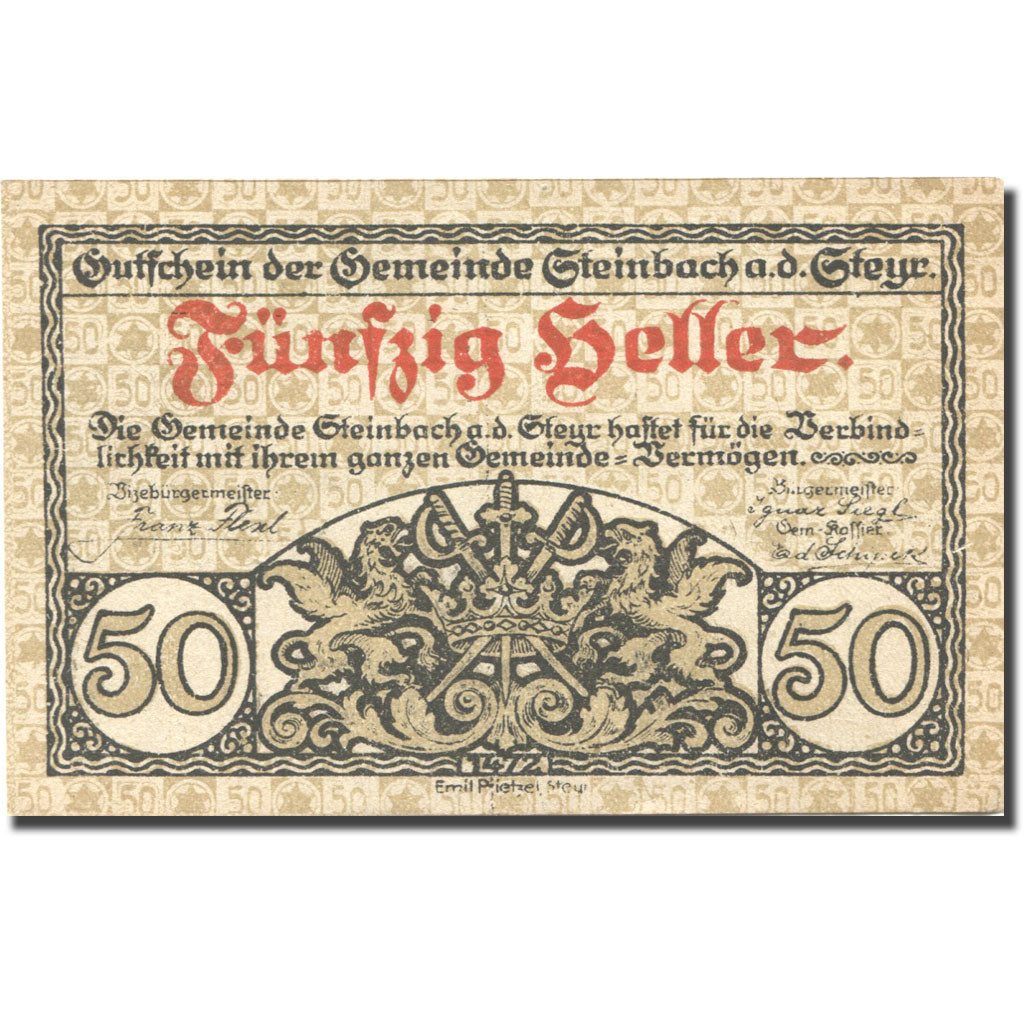 Banconote, Austria, Steinbach, 50 Heller, Blason 1920-12-31, SPL  Mehl:FS 1025