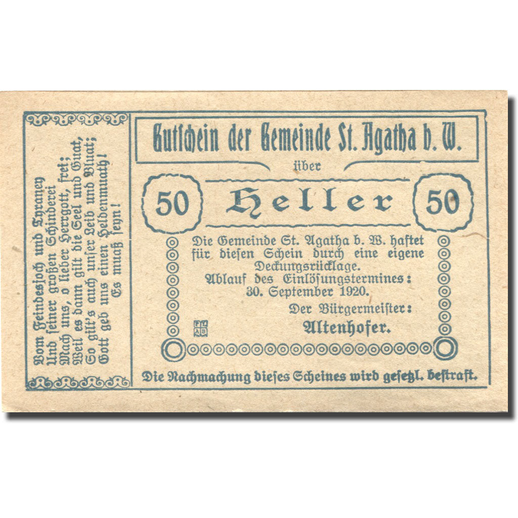 Banconote, Austria, St Agatha, 50 Heller, château, 1920 SPL Mehl:FS 877Ia