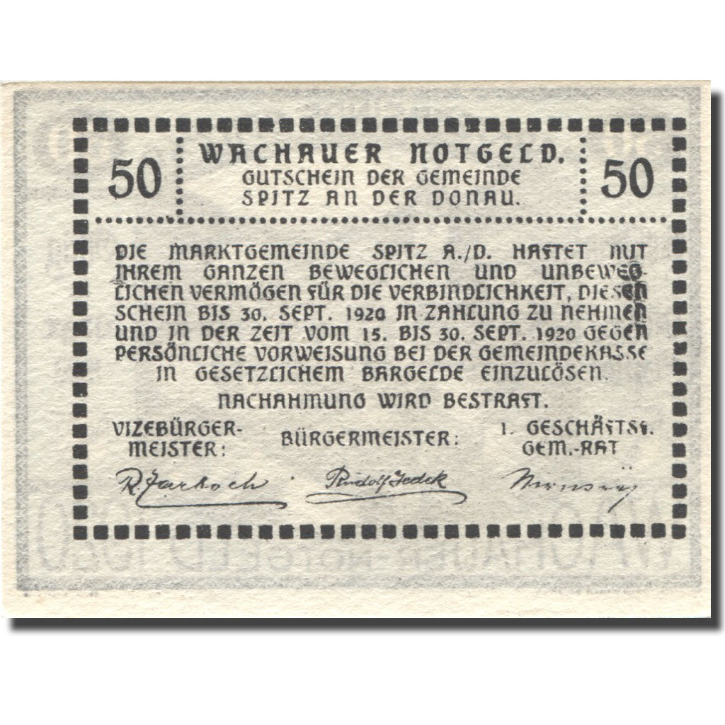 Banconote, Austria, Spitz a/d Donau, 50 Heller, Eglise 1920 SPL Mehl:FS1122.12II