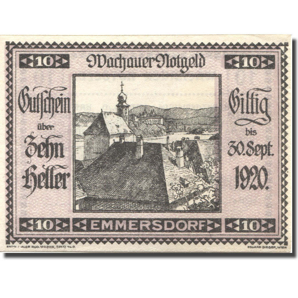 Geldschein, Österreich, Emmersdorf 10Heller Eglise 1920 UNZ- lila Mehl:FS1122.5I