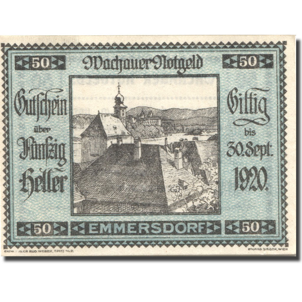 Nota, Áustria, Emmersdorf, 50 Heller 1920 UNC(63) blue Mehl:FS 1122.5IIa