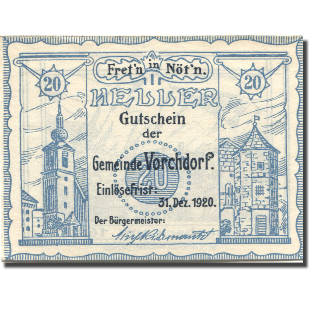 Banconote, Austria, Vorchdorf, 20 Heller, Monument, 1920 SPL  Mehl:FS 1119a