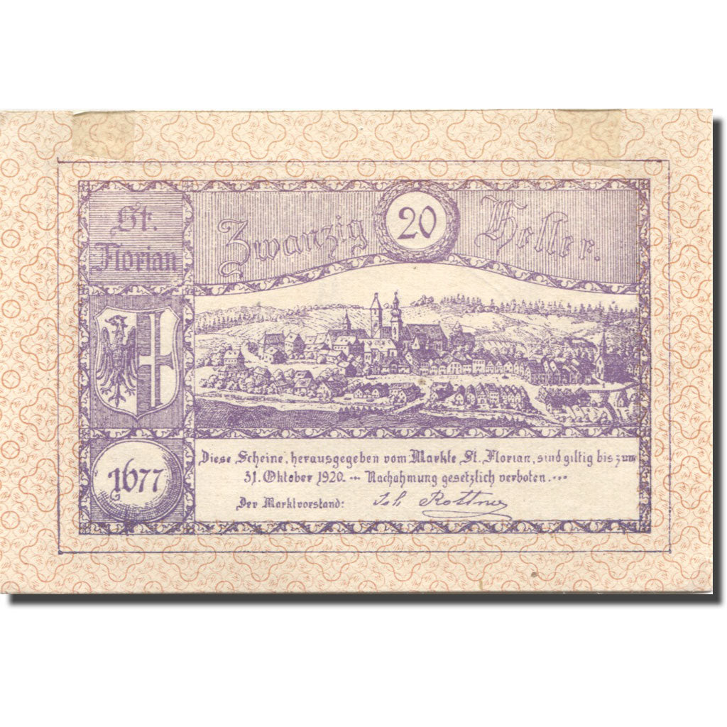 Banconote, Austria, St Florian, 20 Heller, village, 1920 SPL- Mehl:FS 879Ib