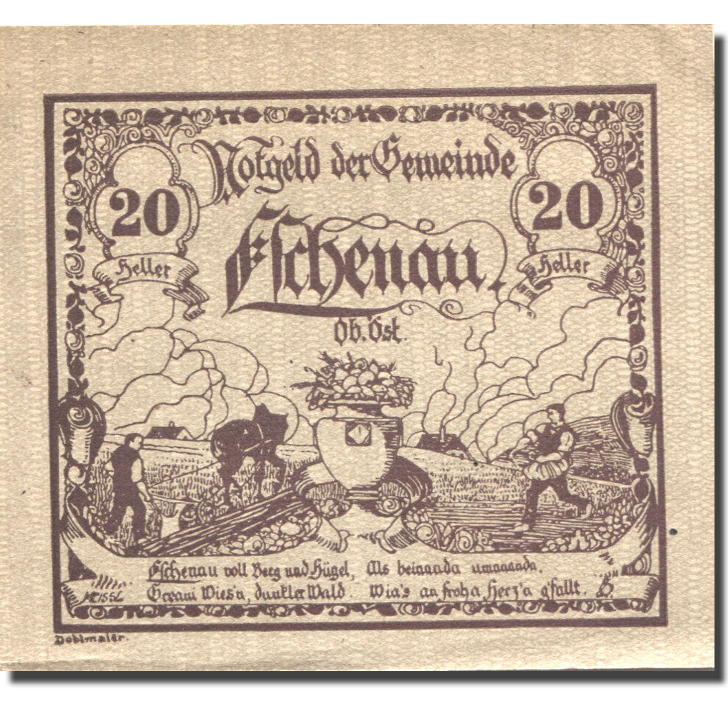 Banconote, Austria, Eschenau, 20 Heller, agriculteur, 1921 SPL Mehl:FS 187a