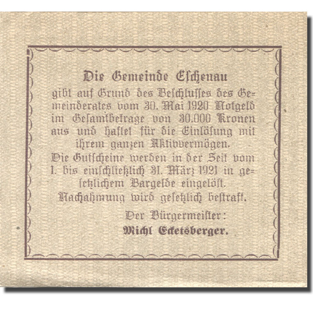Banconote, Austria, Eschenau, 20 Heller, agriculteur, 1921 SPL Mehl:FS 187a