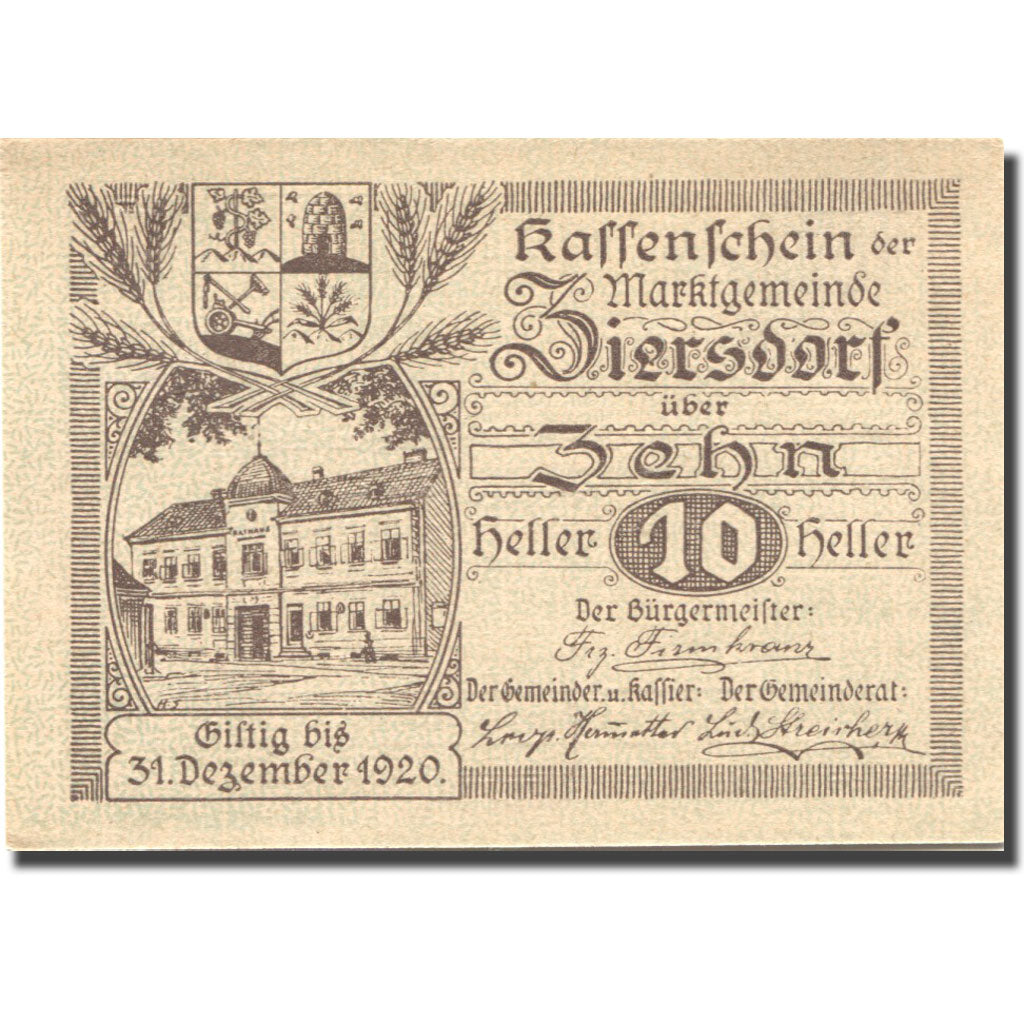 Banconote, Austria, Ziersdorf, 10 Heller, Monument, 1920 SPL Mehl:FS 1276a