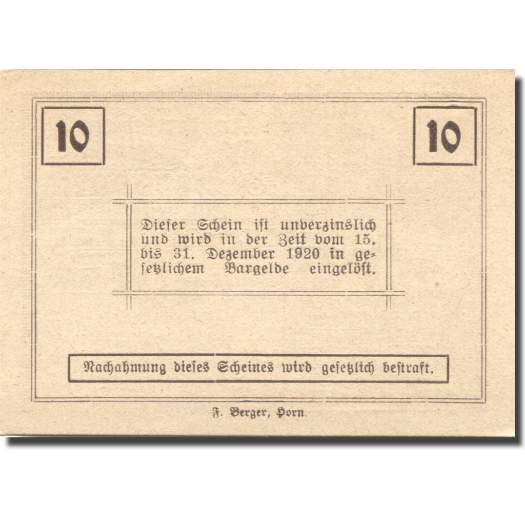Banconote, Austria, Ziersdorf, 10 Heller, Monument, 1920 SPL Mehl:FS 1276a