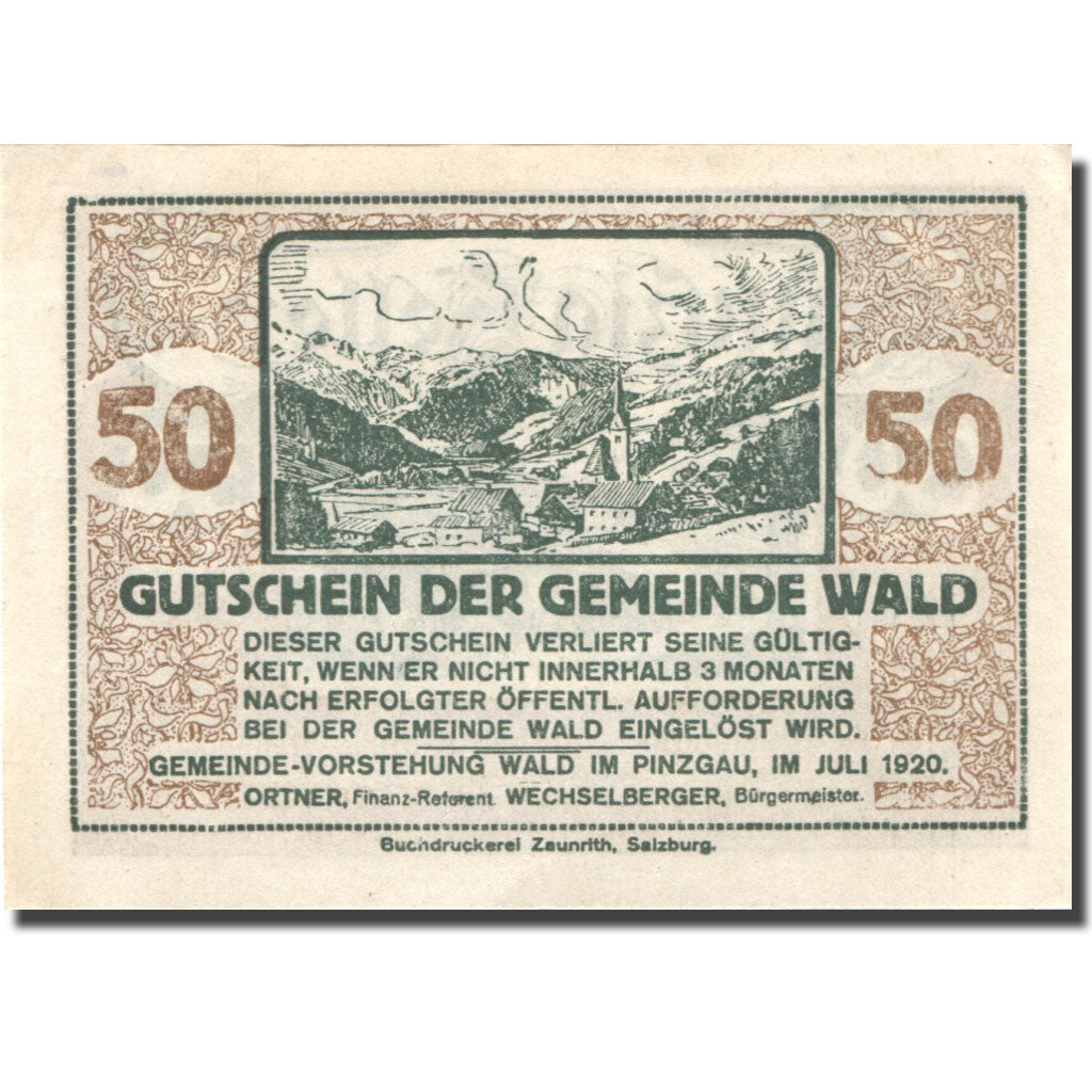 Billet, Autriche, Wald, 50 Heller, montagne, 1920, SPL, Mehl:FS 1129Ia
