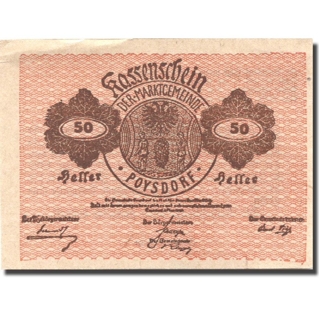 Geldschein, Österreich, Poysdorf, 50 Heller, Blason, 1920 VZ  Mehl:FS 776a1