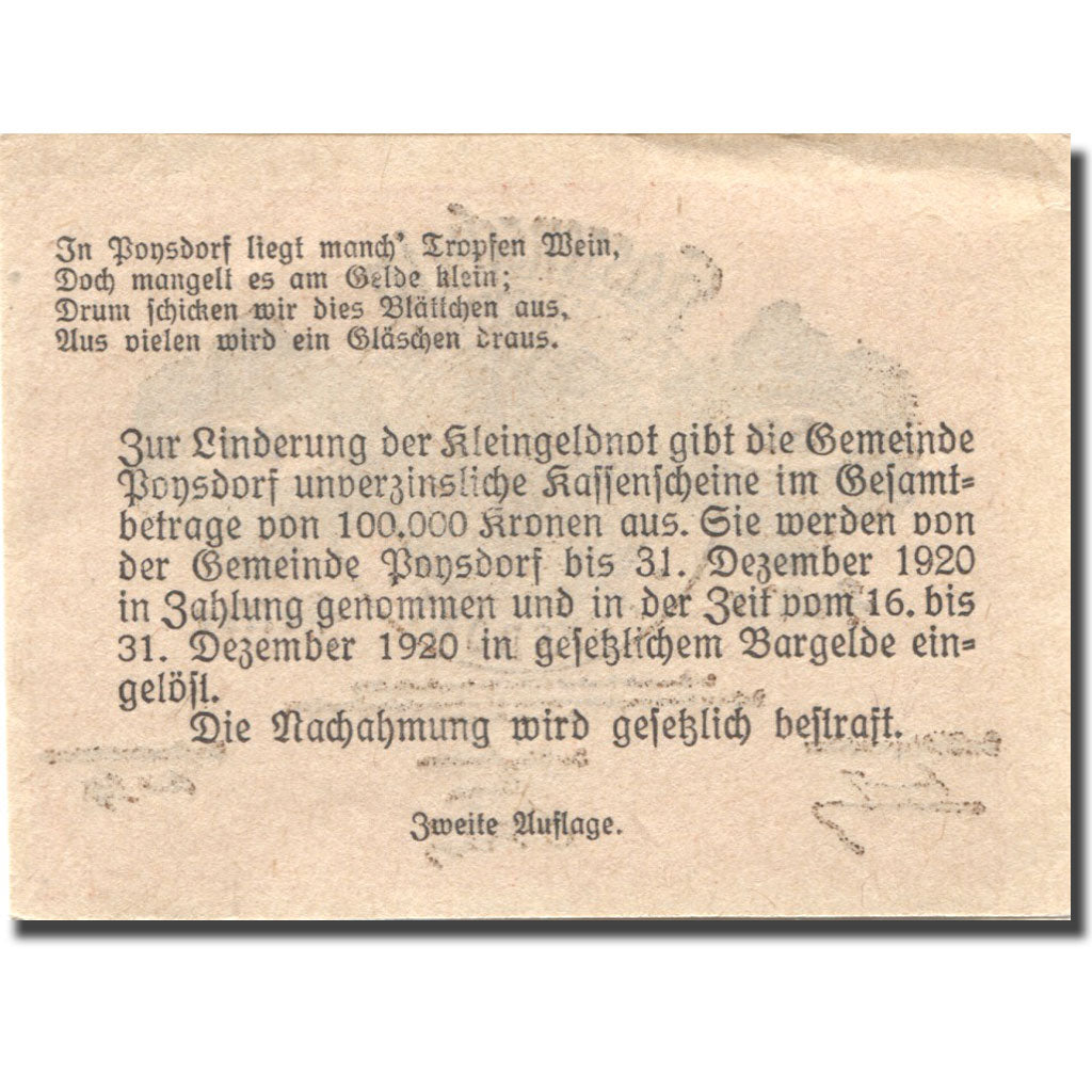 Geldschein, Österreich, Poysdorf, 50 Heller, Blason, 1920 VZ  Mehl:FS 776a1