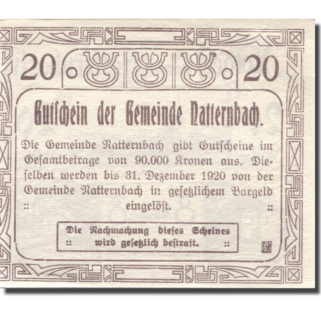 Banconote, Austria, Natternbach, 20 Heller, Eglise, 1920 SPL Mehl:FS 643IIa