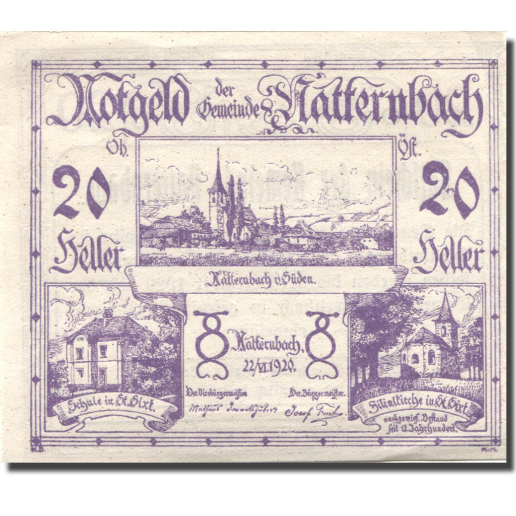 Banconote, Austria, Natternbach, 20 Heller, Eglise, 1920 SPL Mehl:FS 643IIa
