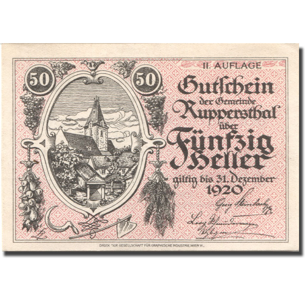 Geldschein, Österreich, Ruppersthal, 50 Heller, village, 1920 UNZ Mehl:FS 854c