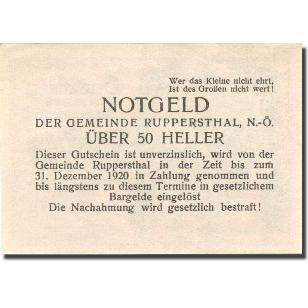 Geldschein, Österreich, Ruppersthal, 50 Heller, village, 1920 UNZ Mehl:FS 854c