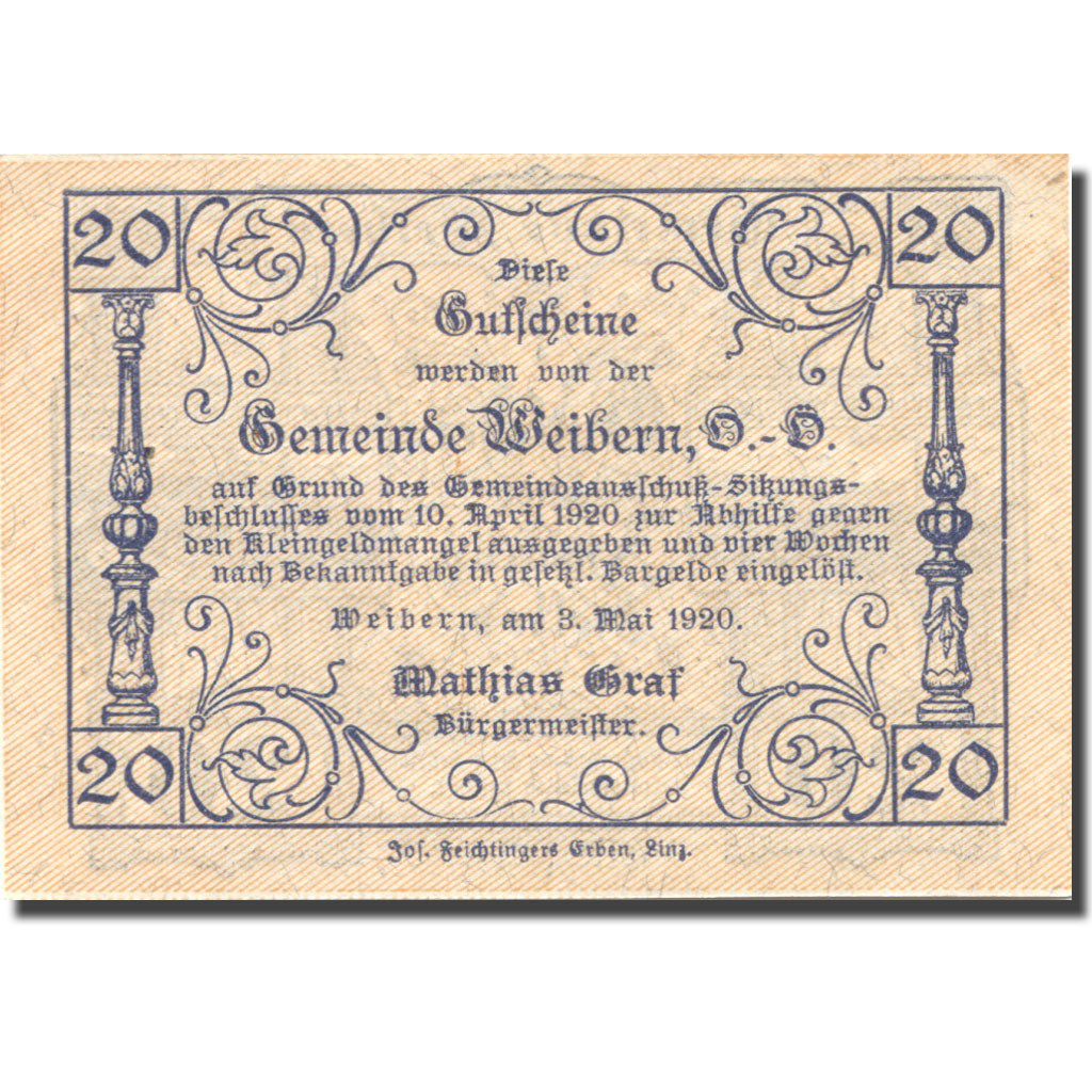 Geldschein, Österreich, Weibern, 20 Heller, Usine, 1920 UNZ- Mehl:FS 1146b