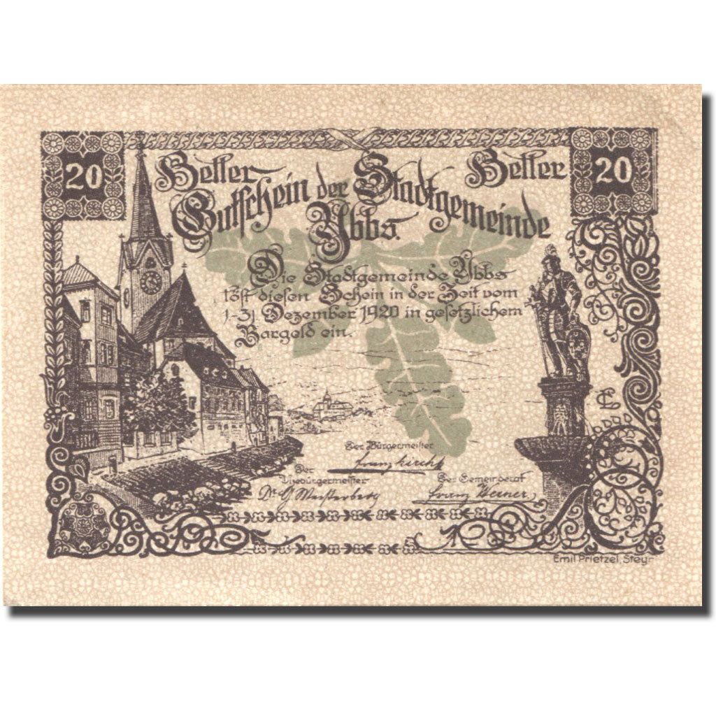 Billet, Autriche, Ybbs, 20 Heller, village, 1920, 1920-12-31, SPL, Mehl:FS 1258a