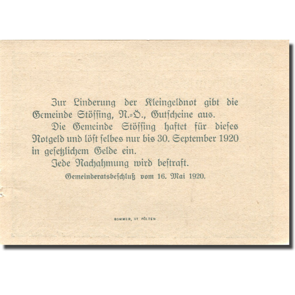 Billet, Autriche, Stössing, 50 Heller, Eglise 1920-09-30, SUP+, Mehl:FS 1040