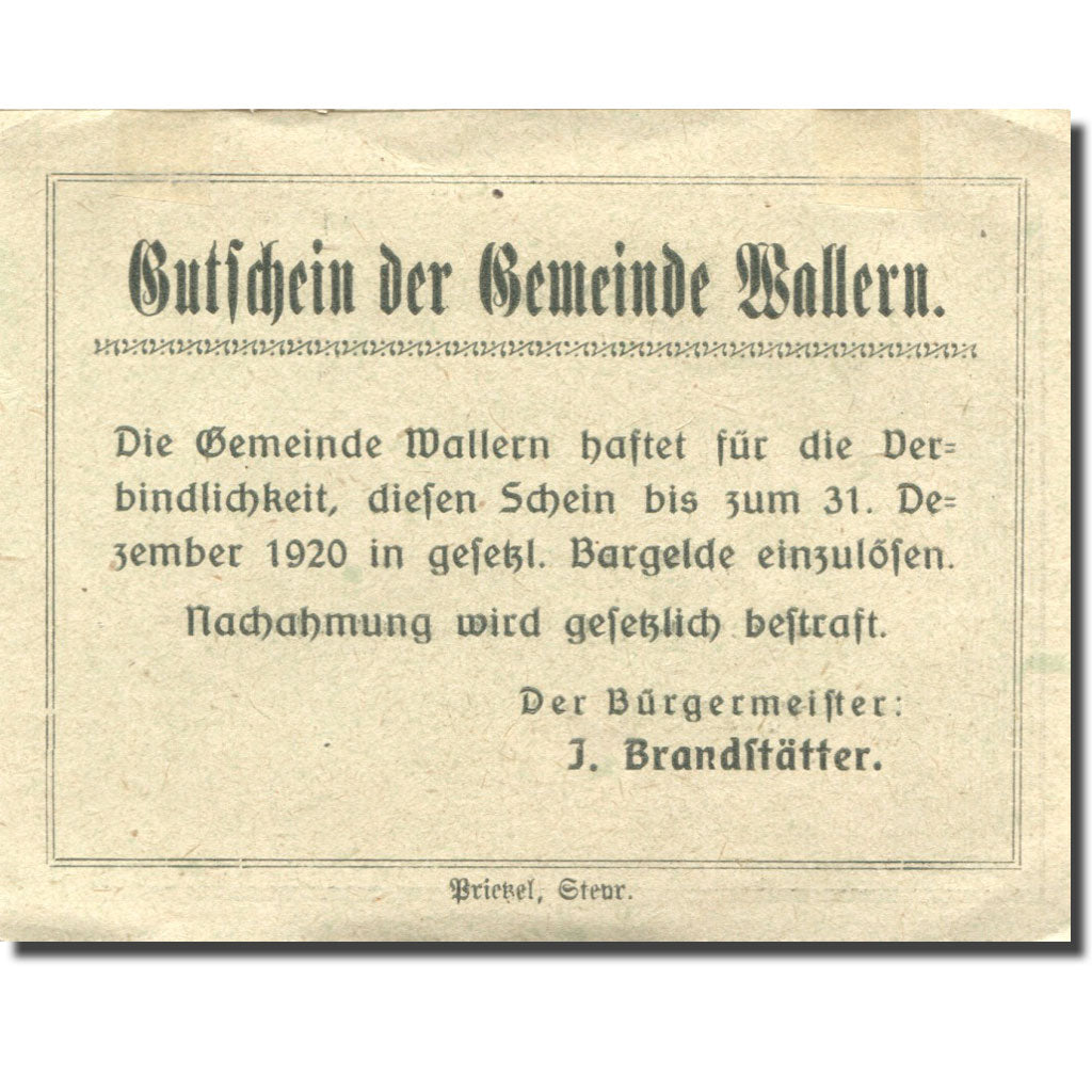 Billet, Autriche, Wallern, 50 Heller, village 1920-12-31, SUP Mehl:FS 1136a