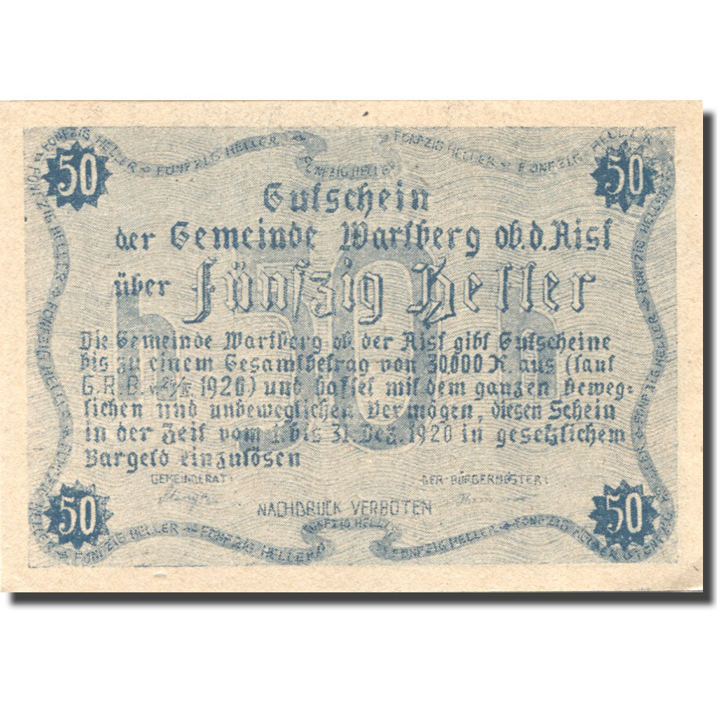 Geldschein, Österreich, Warlberg, 50 Heller, Eglise, 1920 UNZ- Mehl:FS 1142b