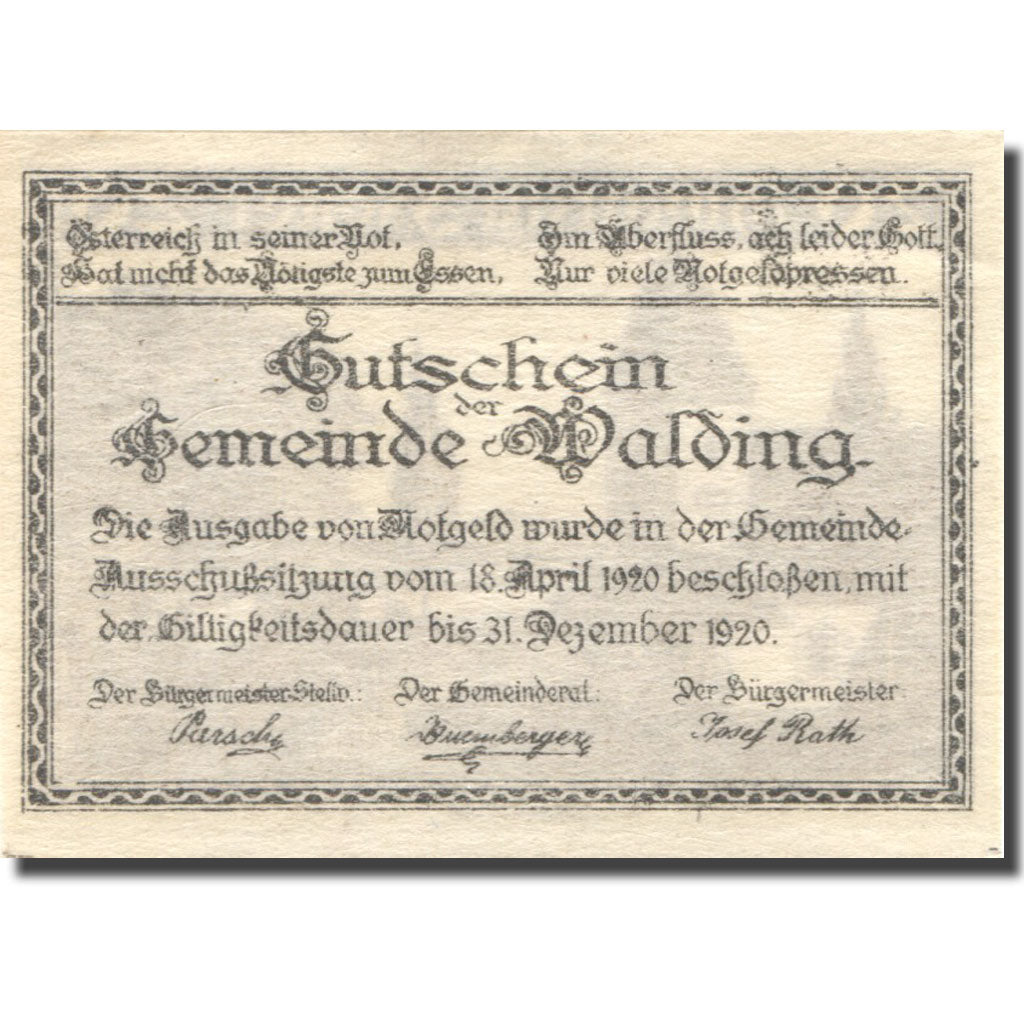 Banconote, Austria, Walding, 20 Heller, Eglise 1920-12-31, SPL Mehl:FS 1132c