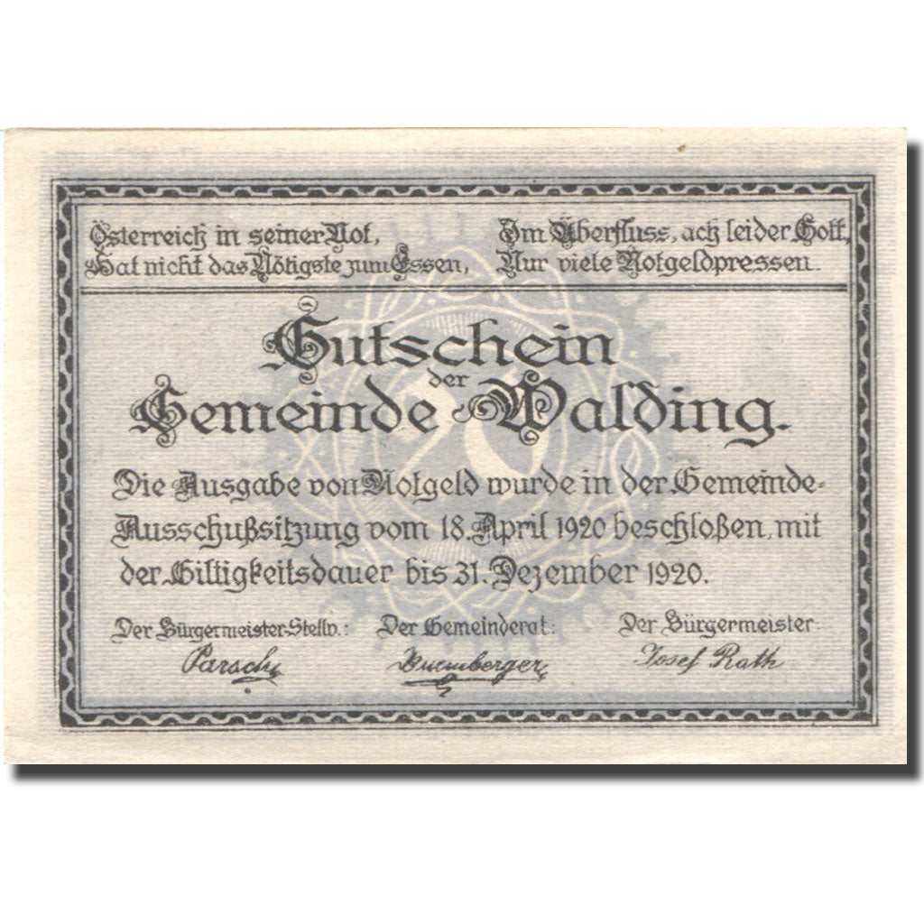 Banconote, Austria, Walding, 20 Heller, Eglise 1, 1920-12-31, SPL Mehl:FS 1132a
