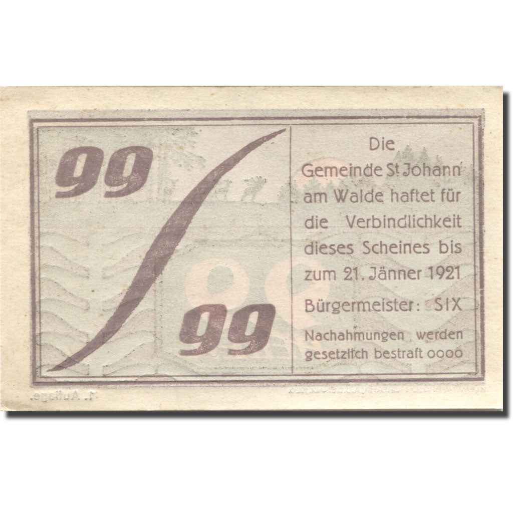 Banknot, Austria, St Johann am Walde, 99 Heller, Foret, 1921, 1921-01-21
