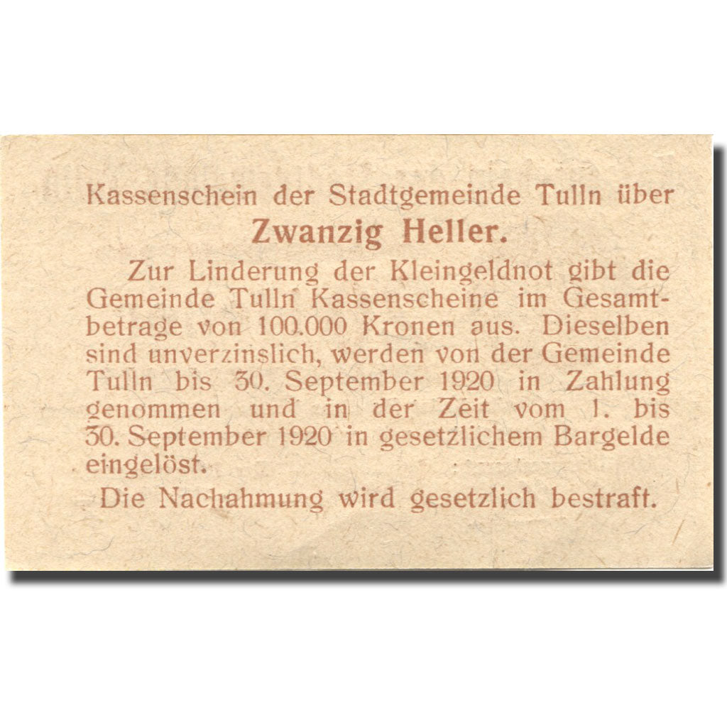 Banknote, Austria, Tulln, 20Heller valeur faciale, 1920 UNC(63) Mehl:FS 1083I.12