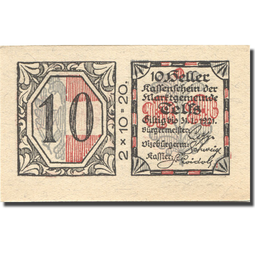 Banknot, Austria, Telfs, 10 Heller, valeur faciale, 1921, 1921-01-31, UNC(63)