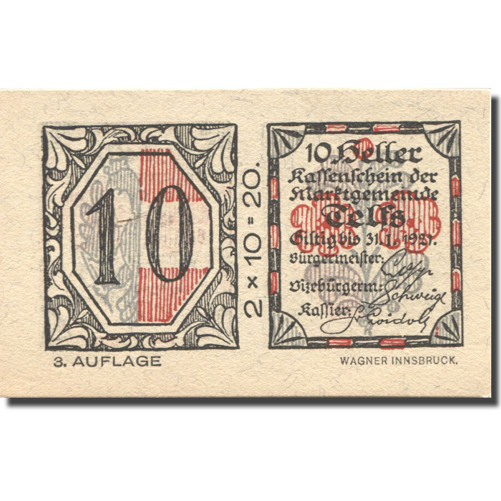 Banknot, Austria, Telfs, 10 Heller, valeur faciale, 1921, 1921-01-31, UNC(63)