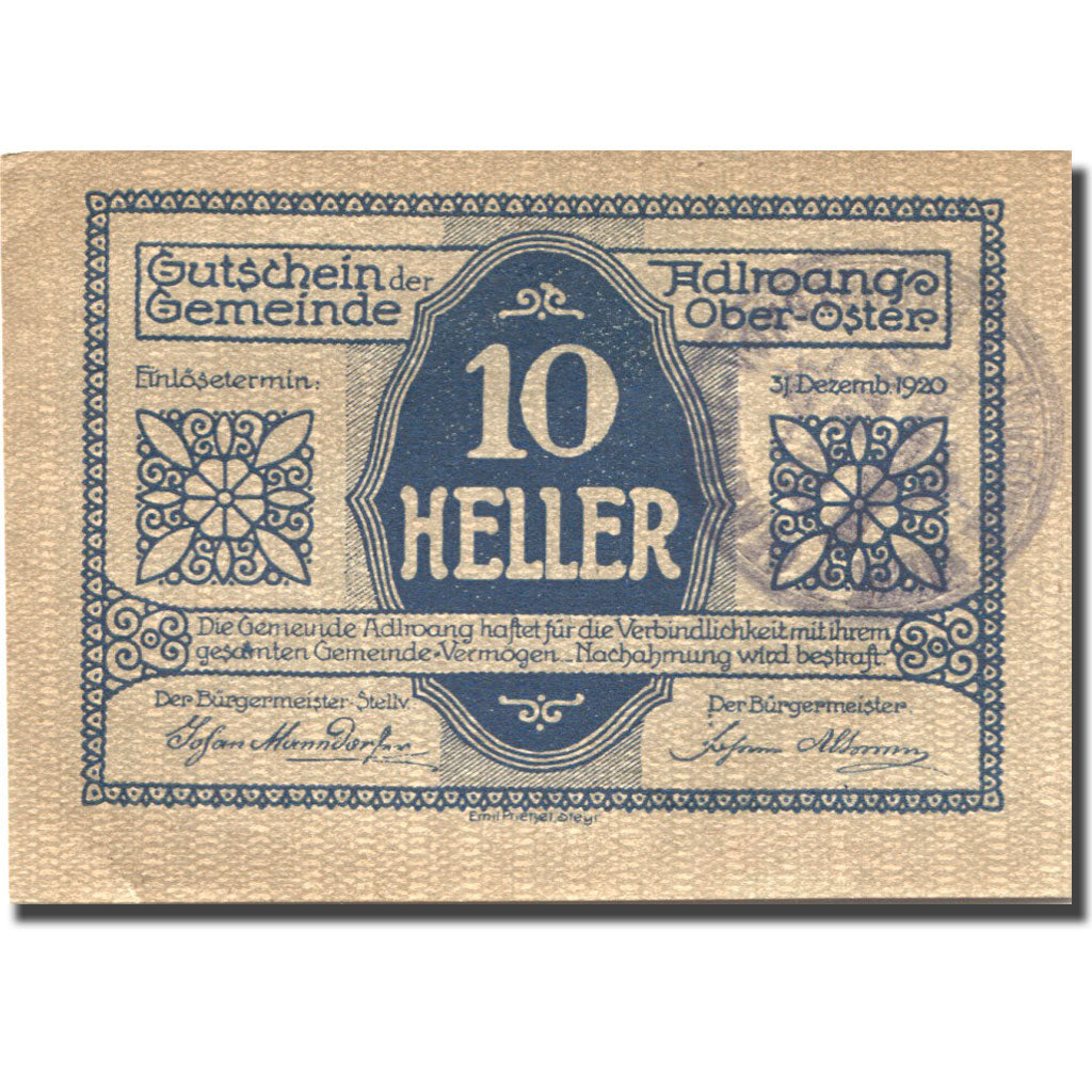Banconote, Austria, Adlwang, 10 Heller, village 1920-12-31, SPL- Mehl:FS 5a