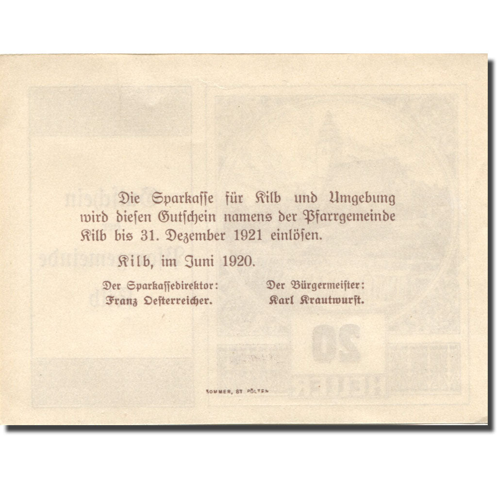 Geldschein, Österreich, Kilb, 20 Heller, Eglise, 1921 UNZ-  Mehl:FS 436