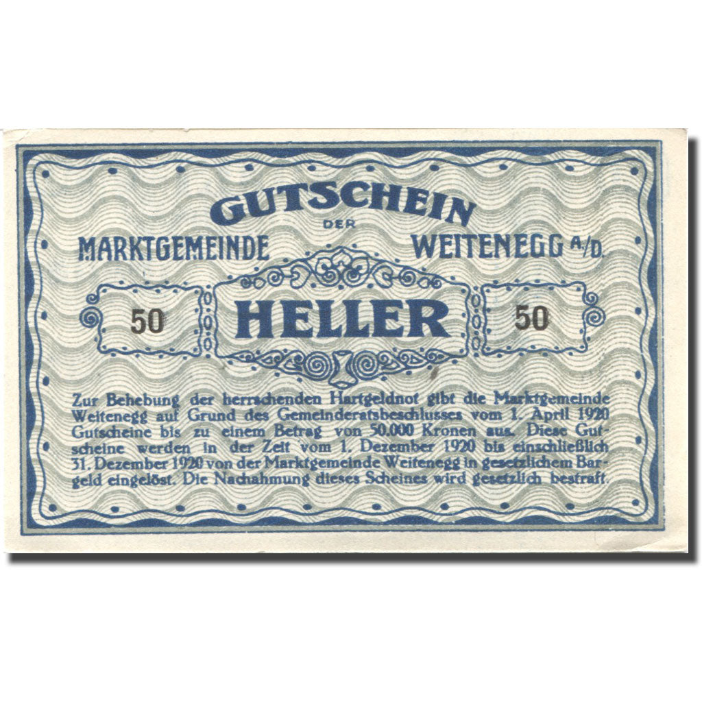 Billete, Austria, Weitenegg a/d Donau, 50Heller, château, 1920 EBC Mehl:FS 1163a