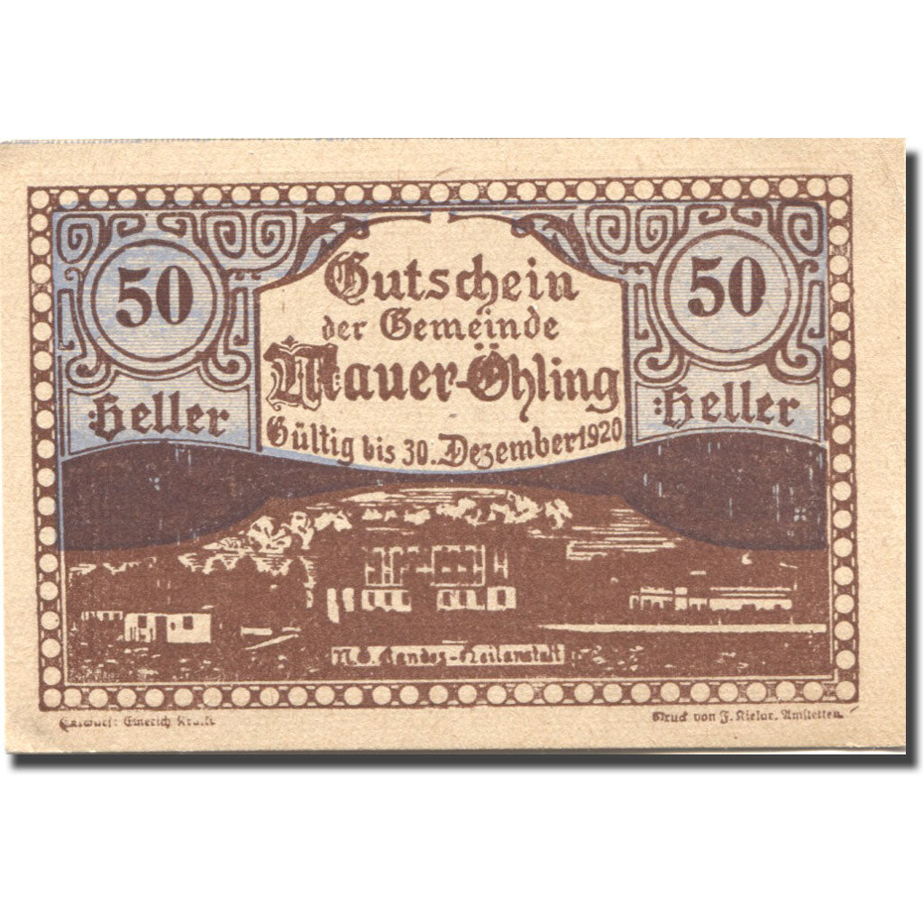 Banconote, Austria, Mauer Ohling, 50 Heller, village, 1920, SPL Mehl:FS 599e