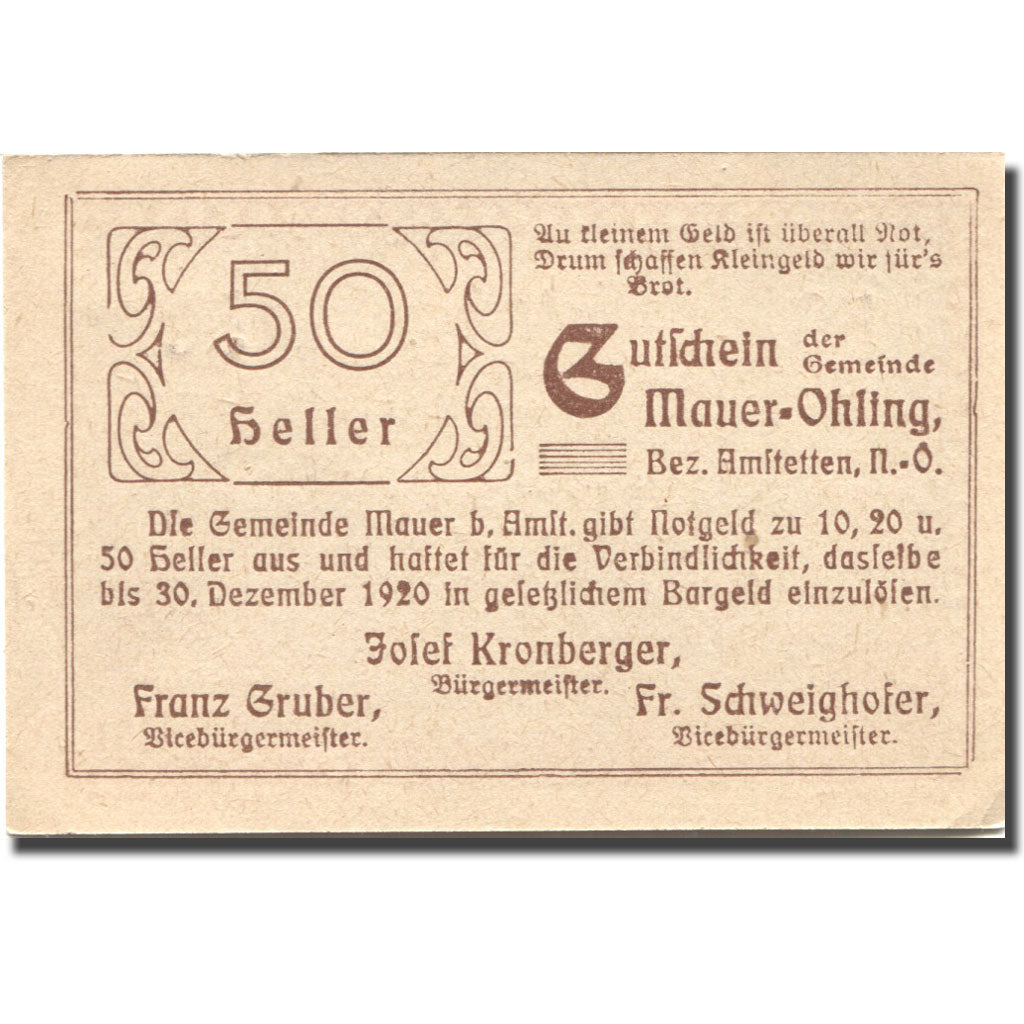 Banconote, Austria, Mauer Ohling, 50 Heller, village, 1920, SPL Mehl:FS 599e