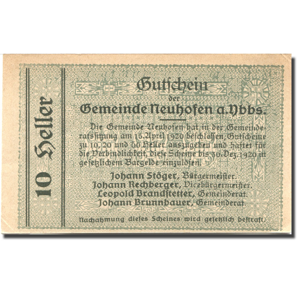 Banconote, Austria, Neuhofen a.d Ybbs, 10Heller, village, 1920 SPL- Mehl:FS 650b