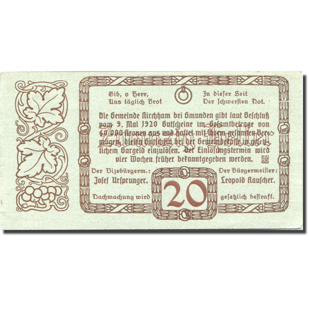 Banconote, Austria, Kirchham, 20 Heller, village 1920-05-09, SPL Mehl:FS 446