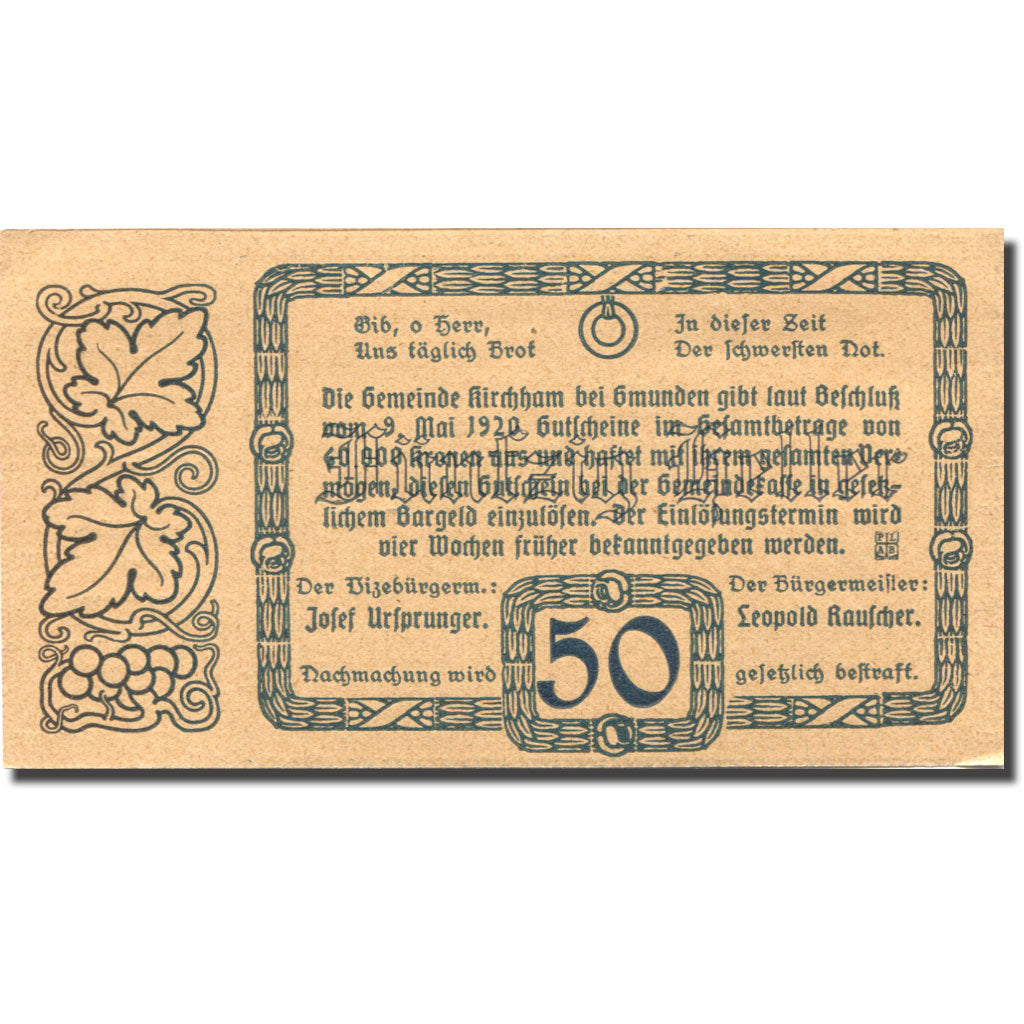 Banconote, Austria, Kirchham, 50 Heller, village 1920-05-09, SPL Mehl:FS 446