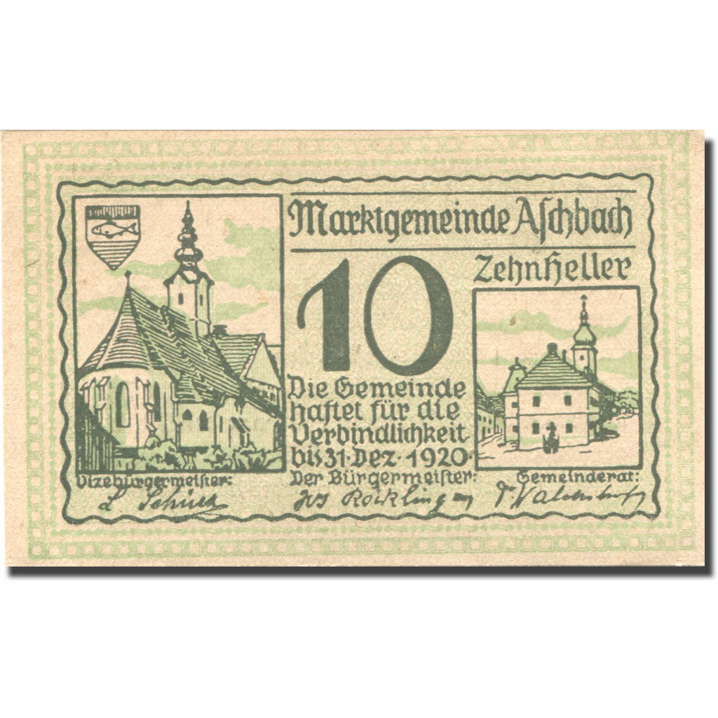 Geldschein, Österreich, Aschbach, 10 Heller, Eglise, 1920 UNZ- Mehl:FS 55c