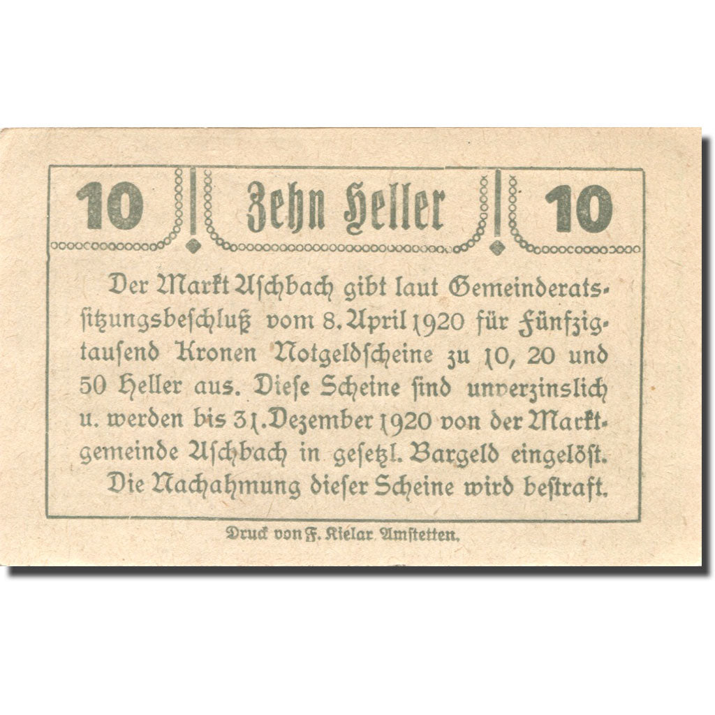 Geldschein, Österreich, Aschbach, 10 Heller, Eglise, 1920 UNZ- Mehl:FS 55c