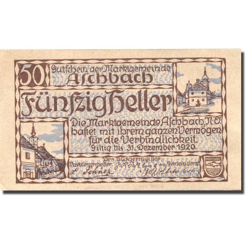 Banconote, Austria, Aschbach, 50 Heller, Eglise 1920-12-31, SPL Mehl:FS 55e