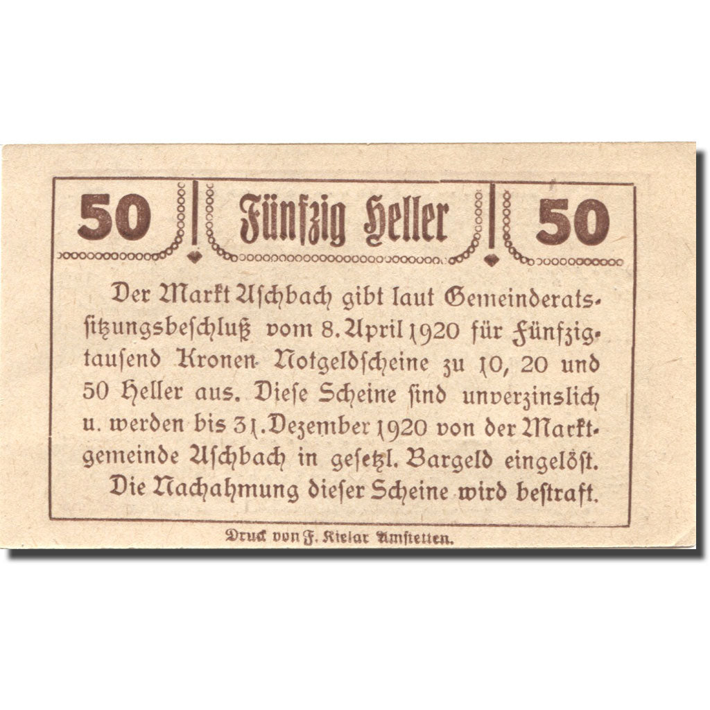 Banconote, Austria, Aschbach, 50 Heller, Eglise 1920-12-31, SPL Mehl:FS 55e