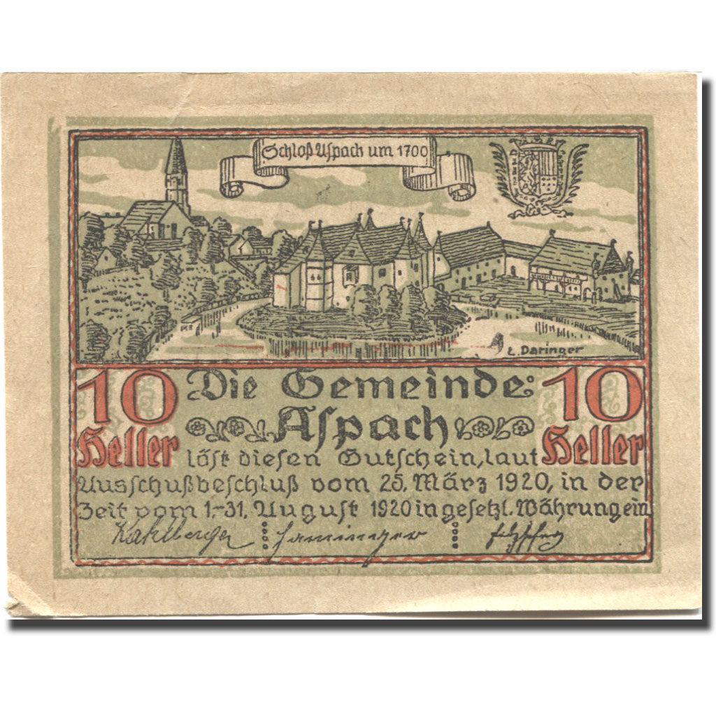 Geldschein, Österreich, Aspach, 10 Heller, château 1920-03-25, VZ Mehl:FS 57a